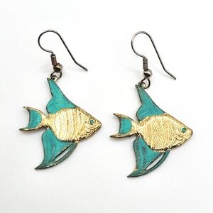 Vintage Enamel Angelfish Earrings Turquoise Gold Dangle 80s Beach Boho